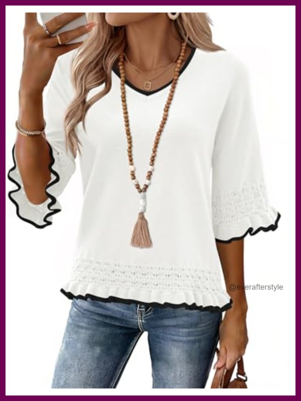 V Neck Peplum Sweater 3/4 Sleeve Ruffle Casual